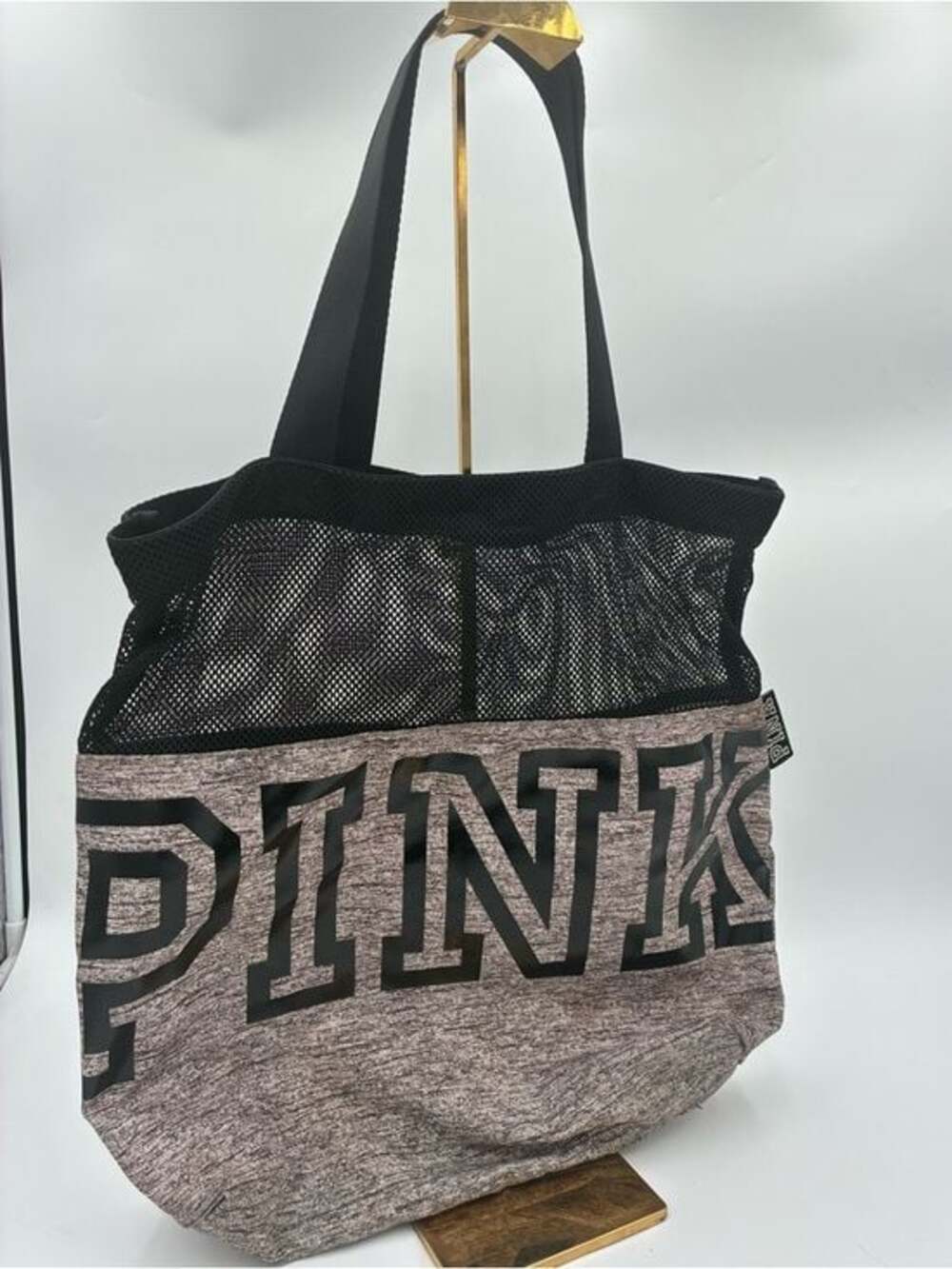 PINK Victoria's Secret Large Black & Heathered Gray Mesh Tote- Pool, Beach